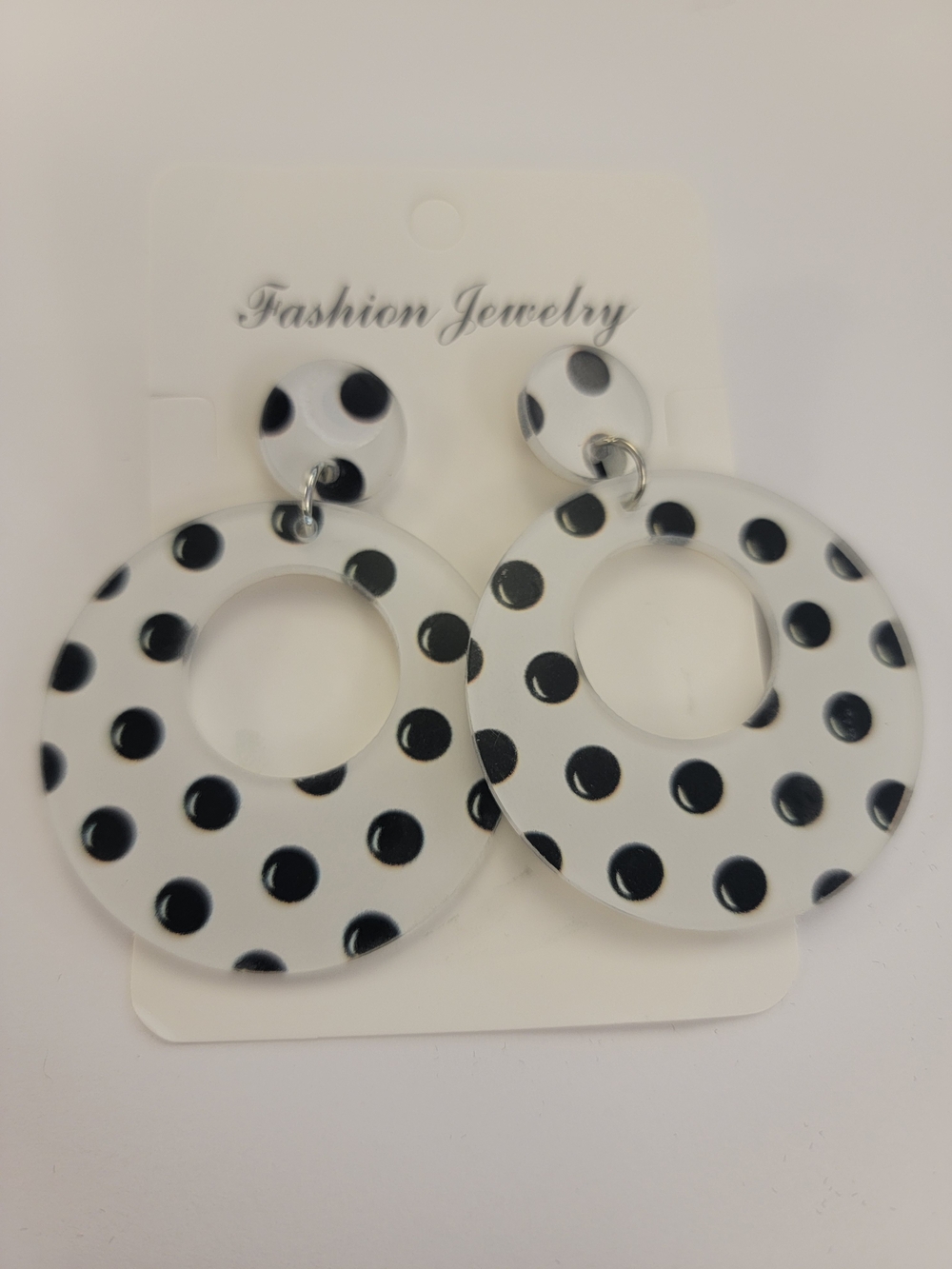 White and Black Polka Dot Drop Hoop Earrings